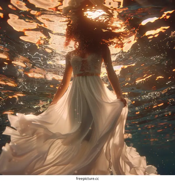 An ethereal photo of a woman in a white dress swimming in the ocean