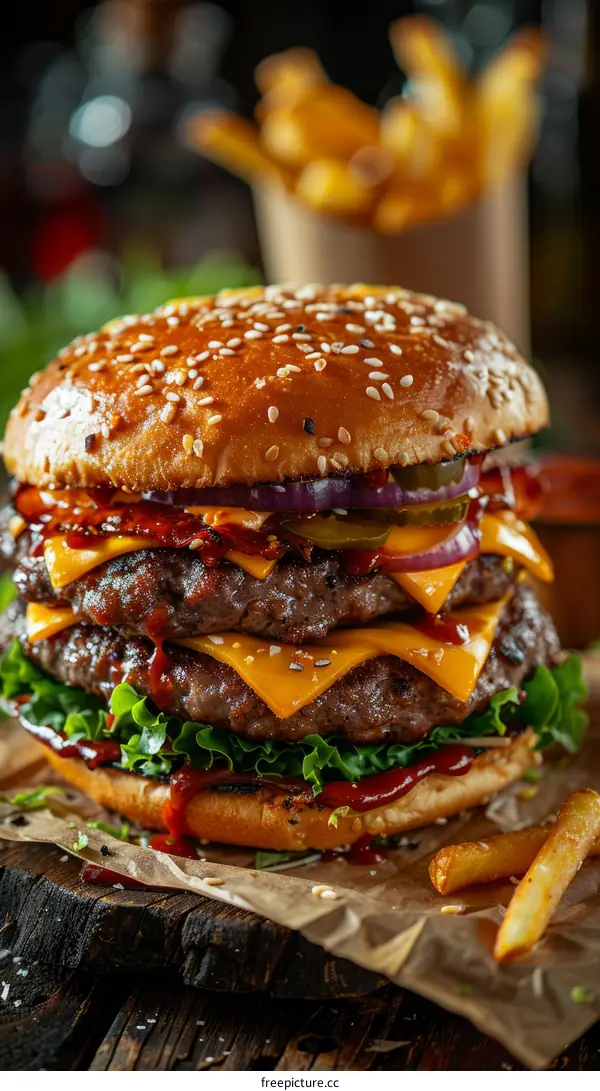 A delicious double cheeseburger with fries