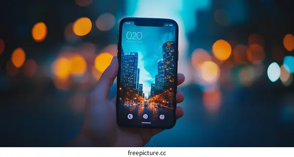 Hand Holding Phone with Cityscape Wallpaper