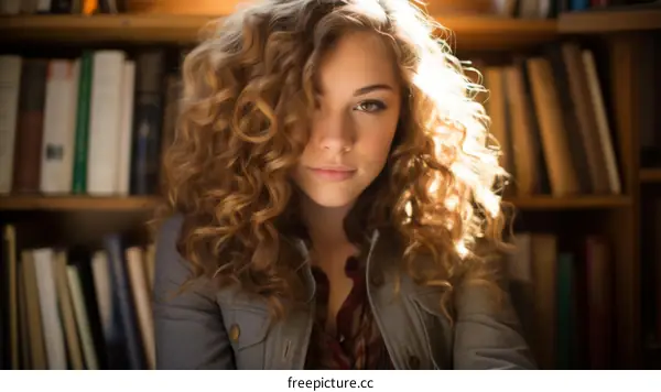 Portrait of a beautiful young woman with long curly hair standing in a library