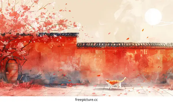 red wall courtyard with pink plum blossom tree and cat
