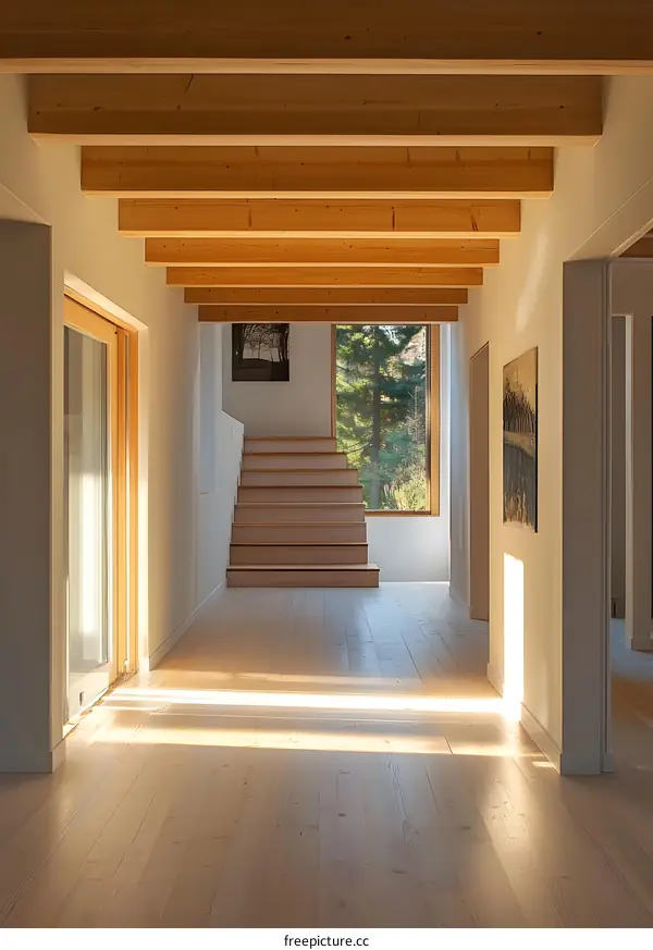 Modern Minimalist Interior Design of a Wooden Staircase