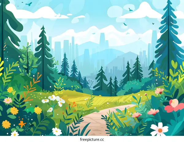 Forest Path With City Skyline in the Background Illustration