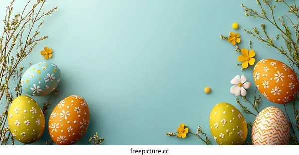 Easter Eggs and Flowers on Pastel Background
