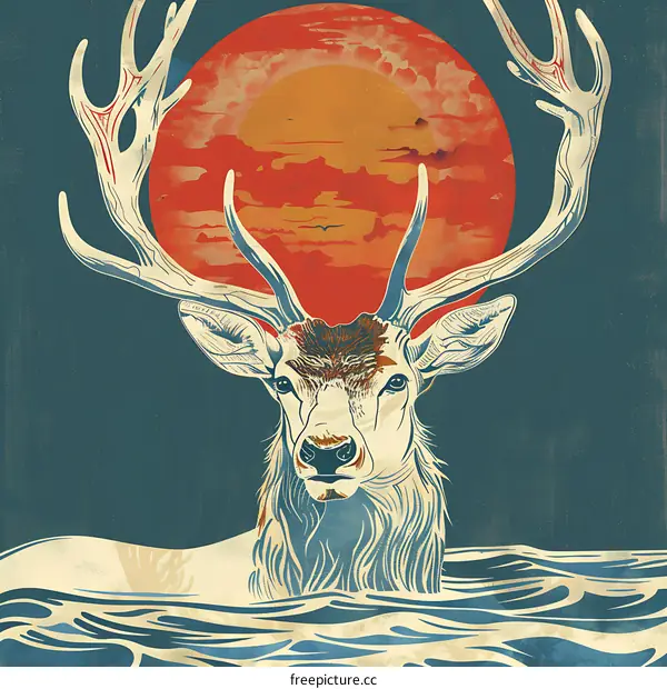 Deer in the Water with a Red Sun