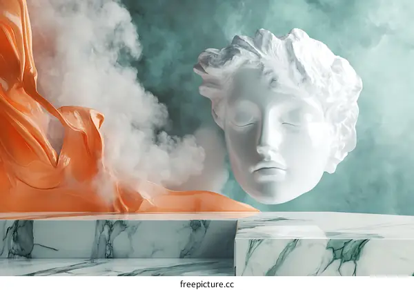 Abstract 3D Art with White Marble Sculpture and Smoke