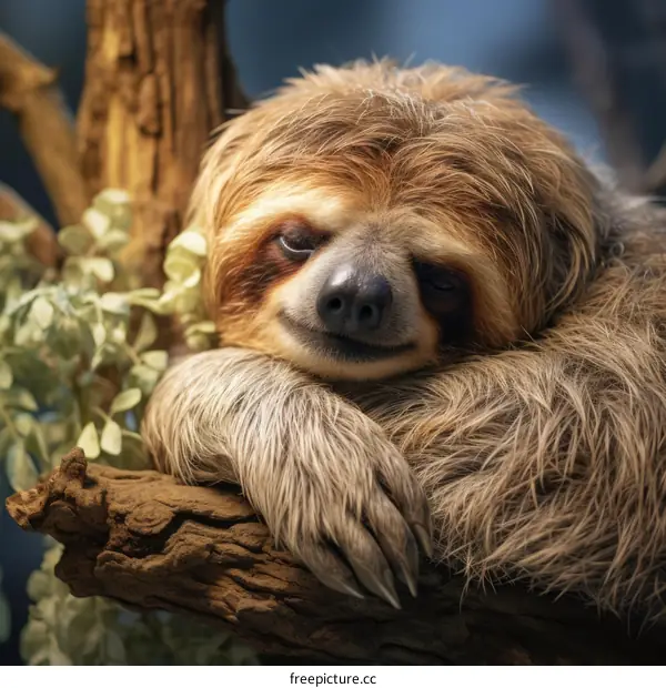 A cute sloth is sleeping on a branch