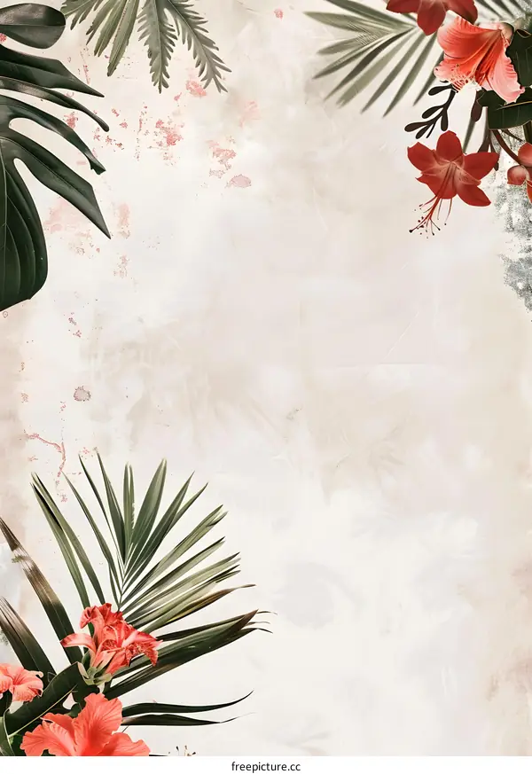 Tropical Flowers and Leaves on Beige Background