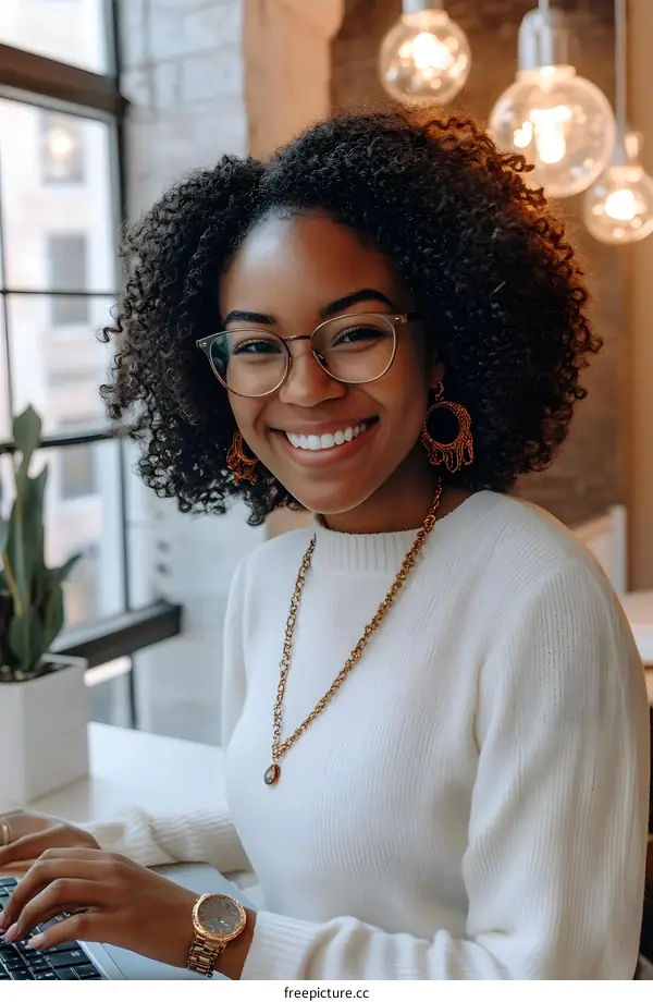 Smiling Black Woman Wearing Glasses Working on Laptop