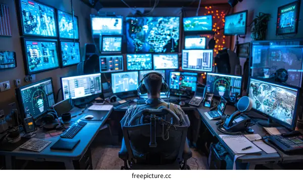 A soldier sits at a computer desk in a dark room.