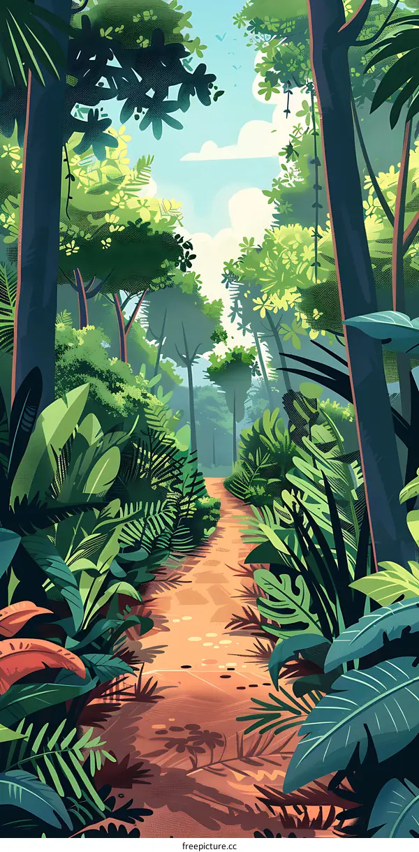 Jungle Path Illustration with Green Trees and Sunlight