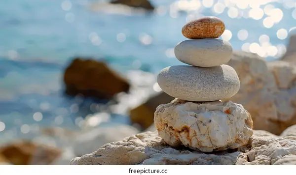 Three smooth stones stacked on each other with the ocean in the background