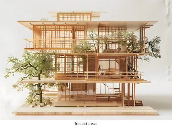 Wooden Model of Japanese Style House with Trees