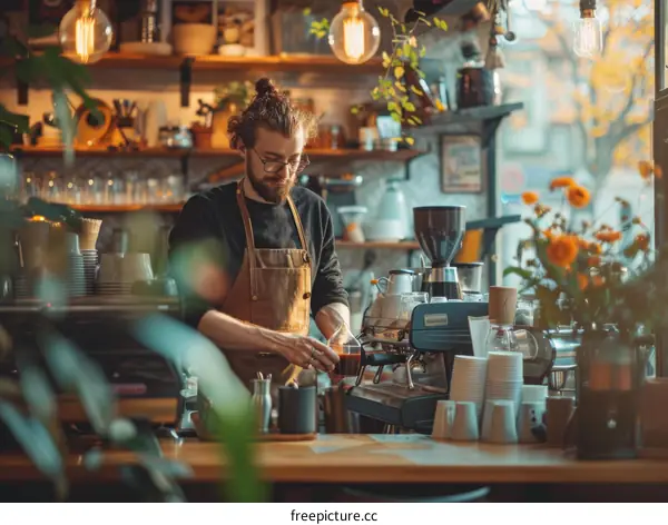 Barista making coffee in a cafe