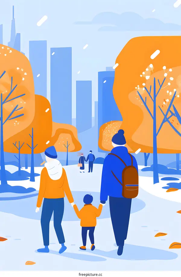 Family Walking In Winter Park