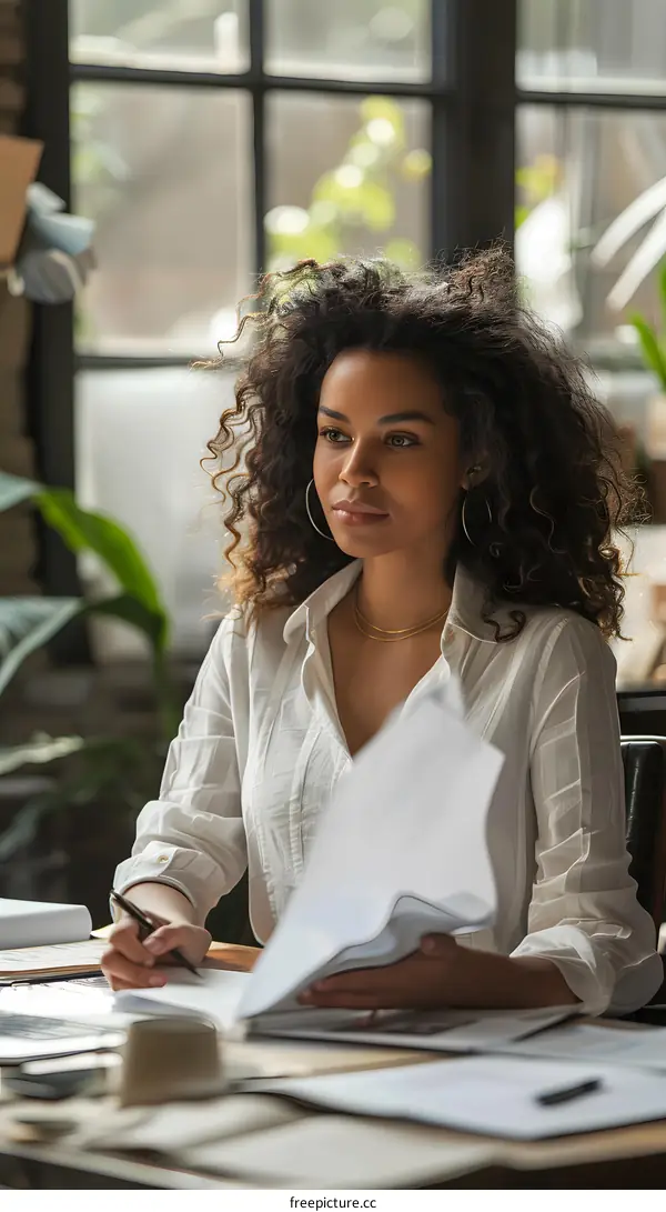 pensive young woman of color at work