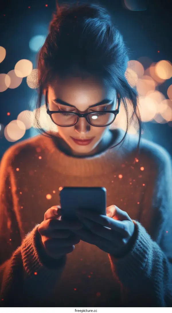 Woman Using Smartphone in Nighttime Setting