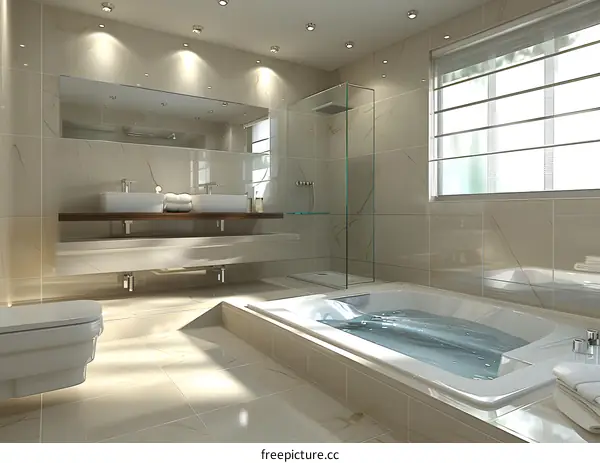 Luxurious Beige Bathroom with Glass Shower Enclosure