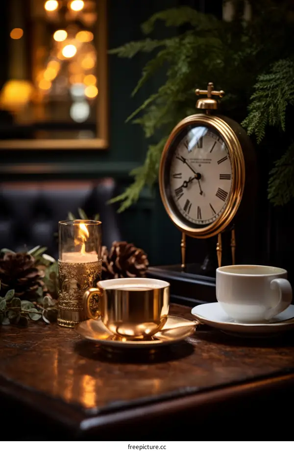 Ornate golden coffee cups with pine cones and a clock in the background