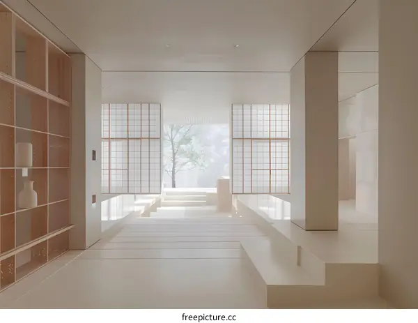 Minimalist Interior Design With White Walls And Wooden Shelves