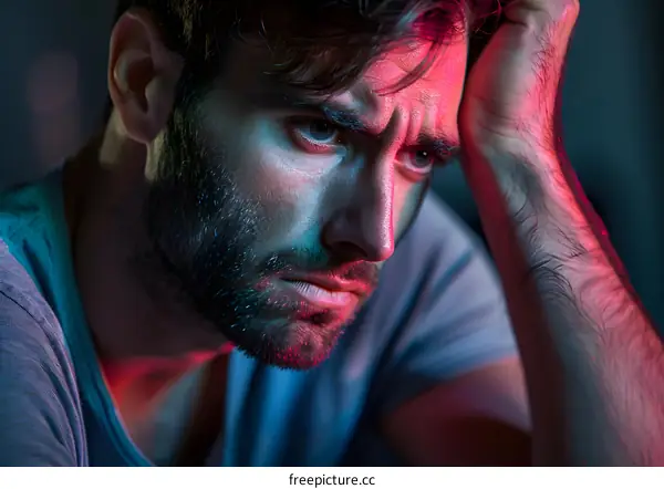 Sad Man with Red and Blue Lighting