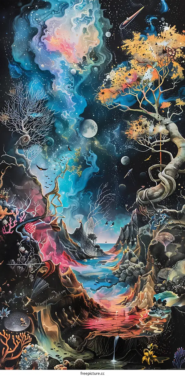 Surreal Cosmic Landscape with Trees and Stars