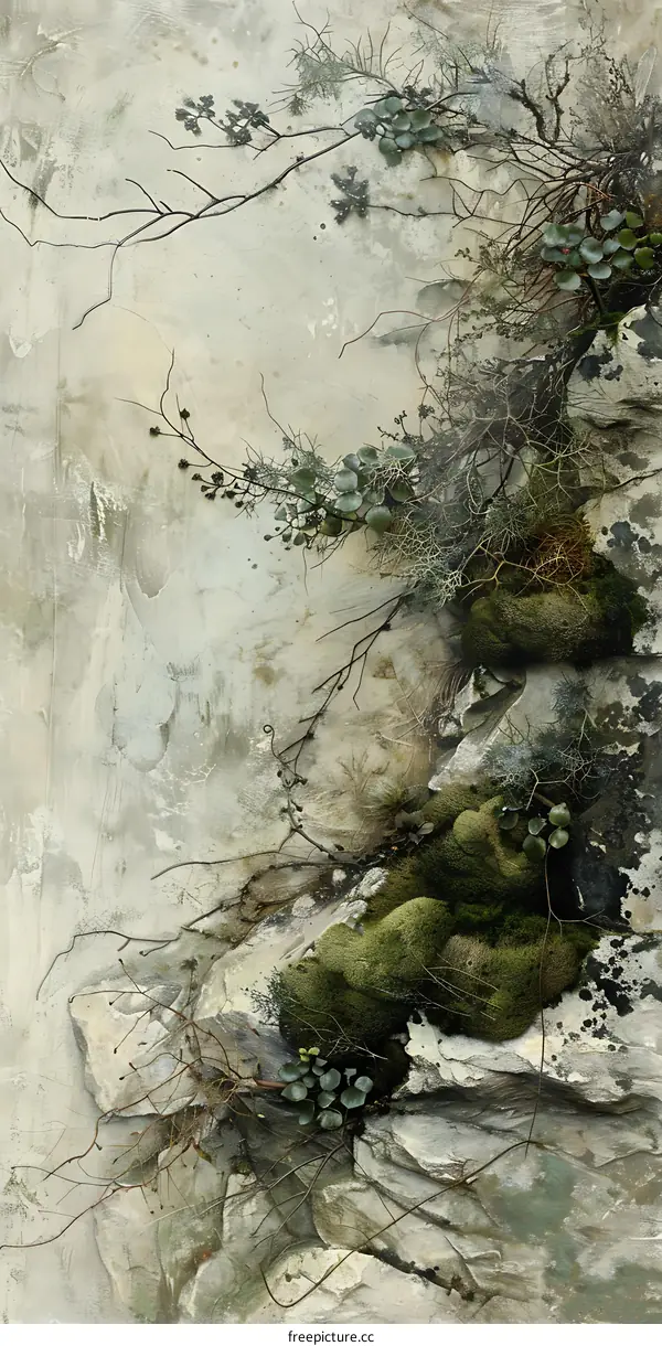Abstract Art with Moss and Twigs on a Stone Wall