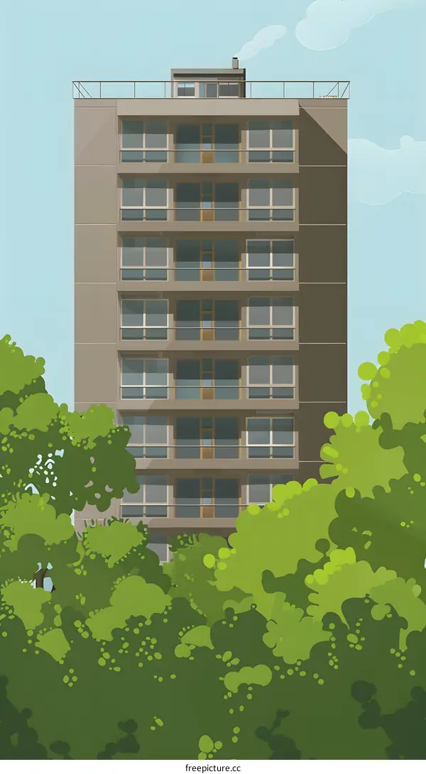 Tall Building with Green Foliage Illustration