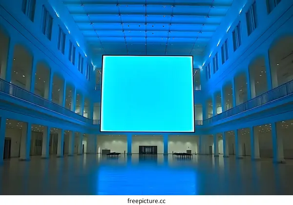 Large Blue Screen Display in a Modern Building