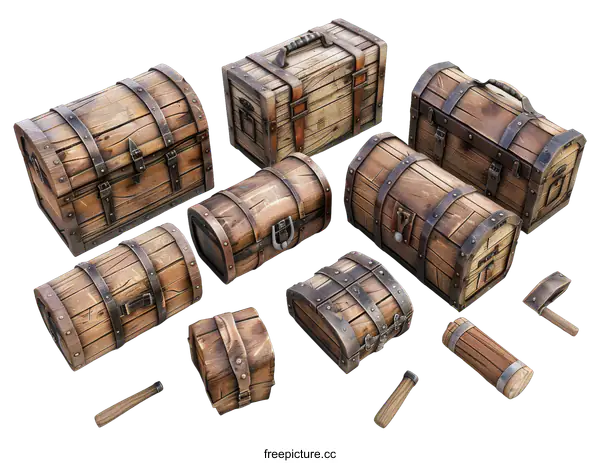[Transparent Background PNG]Set of Wooden Chests and Tools