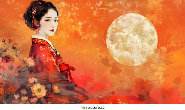 An illustration of a woman in a red dress standing in a field of flowers under a full moon