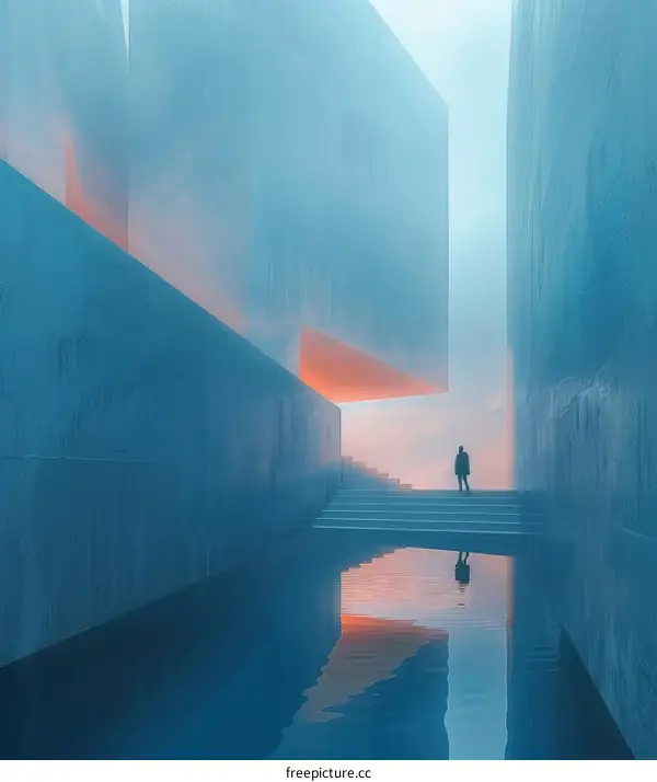 A lone figure stands in a surreal and minimal cityscape.