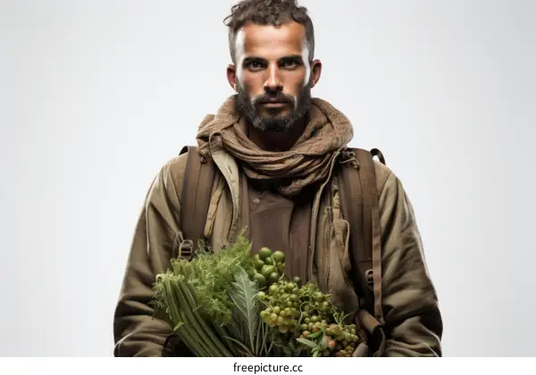 A young man with a beard is holding a bunch of vegetables.