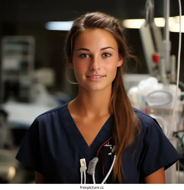 Portrait of a smiling female doctor or nurse in scrubs