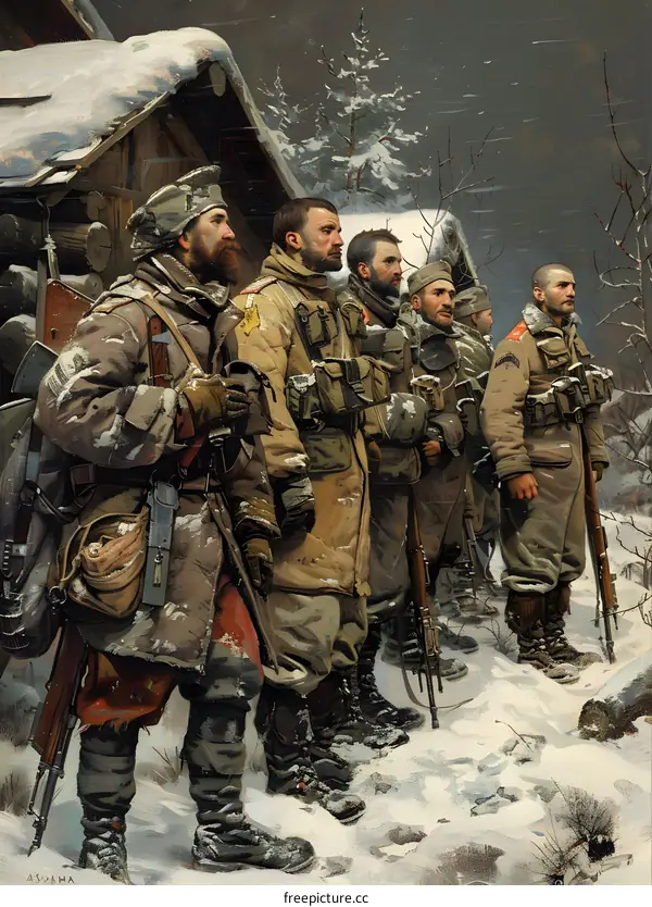A group of soldiers standing in the snow in front of a wooden house