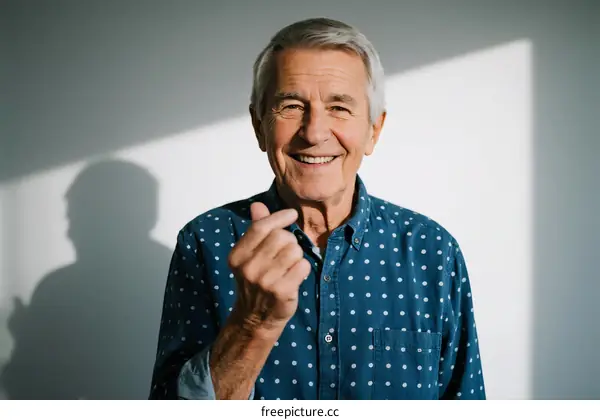 Elderly man in casual shirt with polka dots smiling