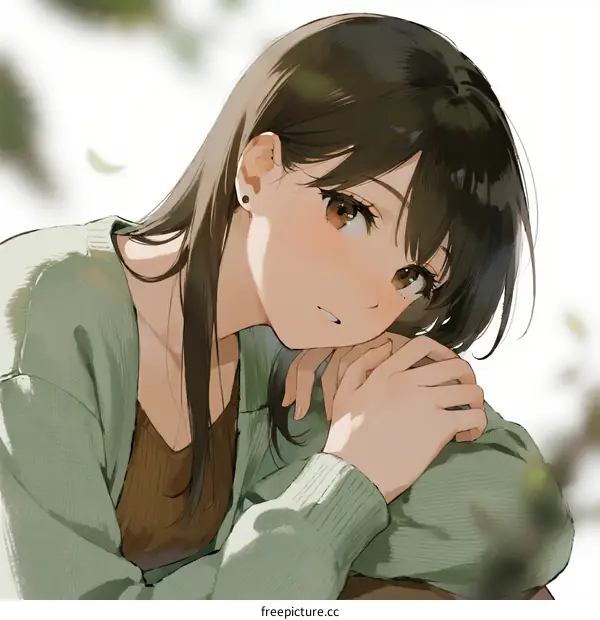 A Young Woman with Long Brown Hair Leaning on Knees