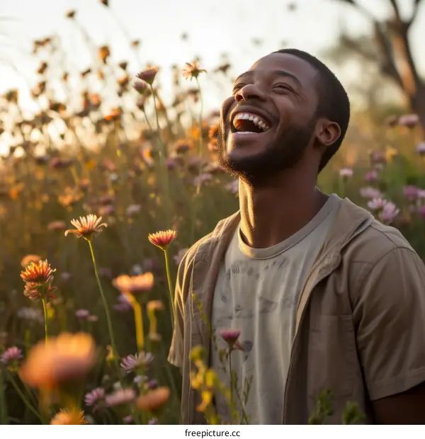 Laughing man in a field of flowers