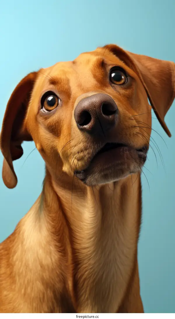 A brown dog looking up with a curious expression on its face