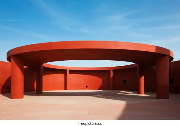 Red Circular Architectural Structure with Open Space Under Clear Sky