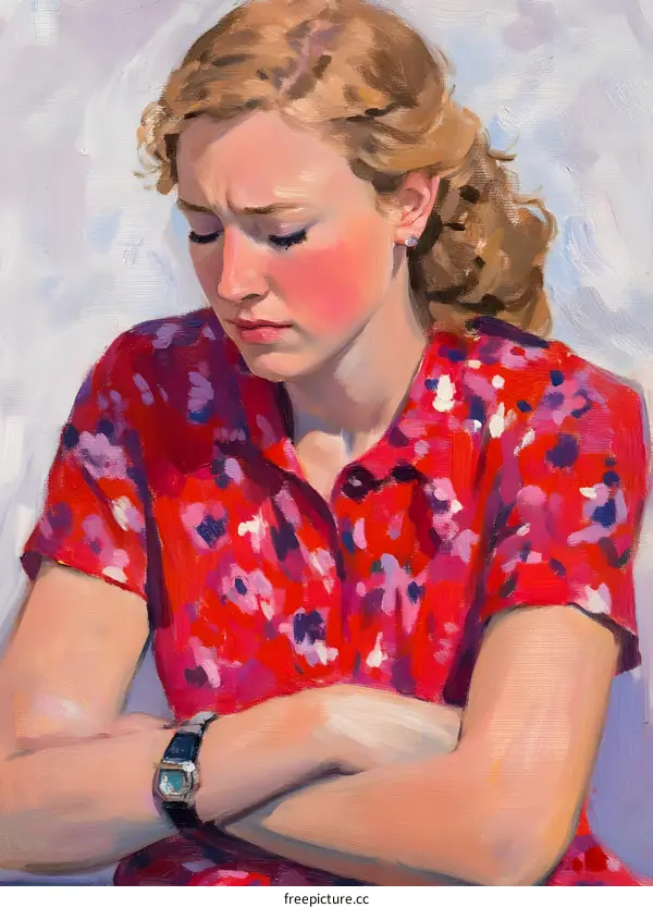 Oil Painting Portrait of a Young Woman with Red Floral Dress