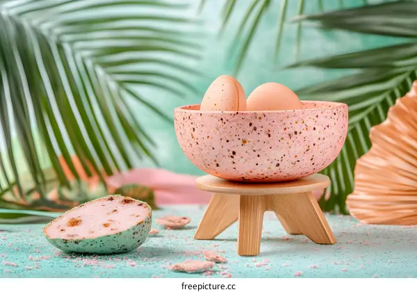 Pink Speckled Bowl with Eggs on Wooden Stand