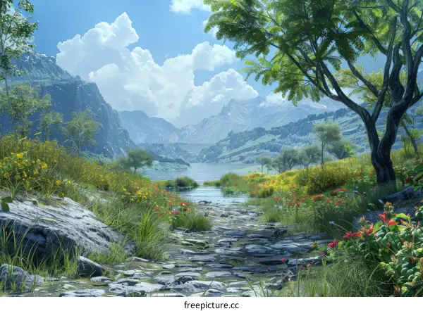 Colorful Stones in a Lush Mountain Stream