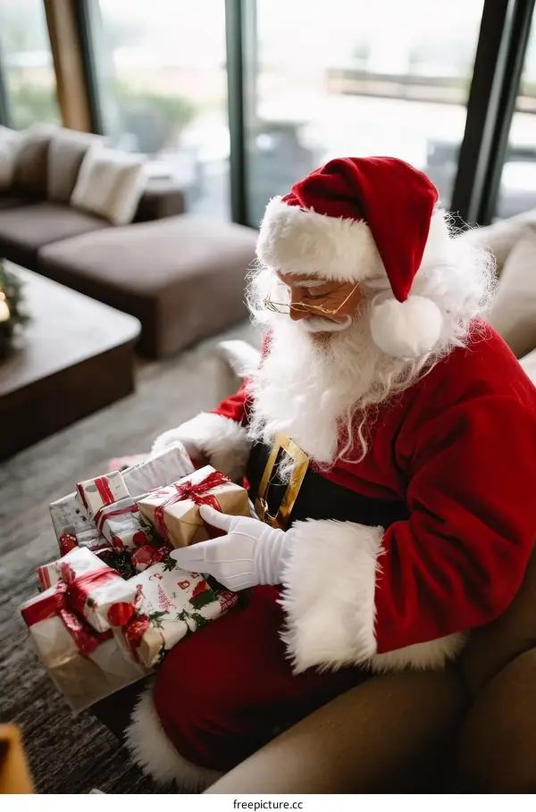 Santa Claus Sitting with Christmas Gifts