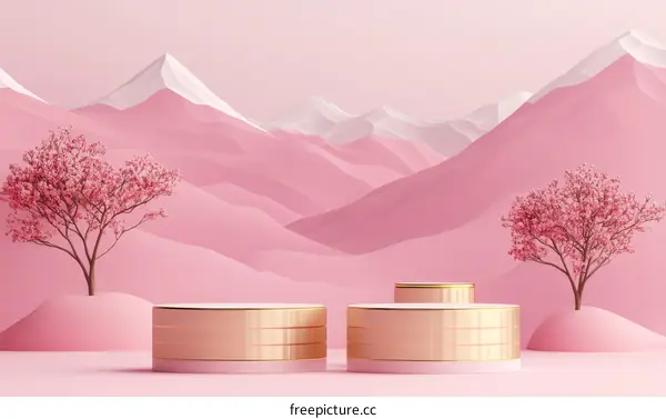 Pink Aesthetic Product Display Platform with Cherry Blossom Trees