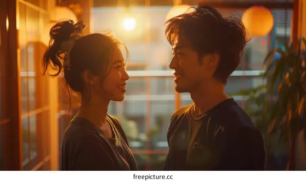 A young couple is smiling at each other in a warm lit room.