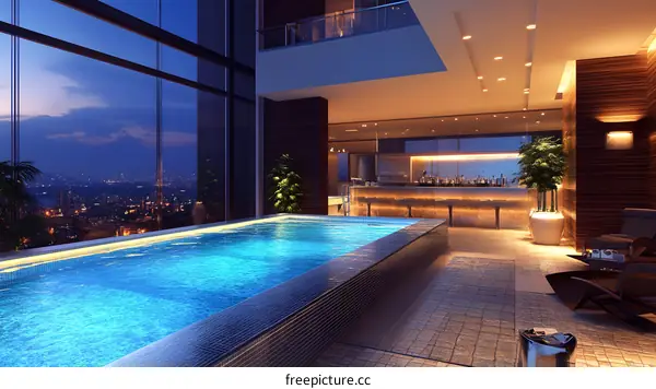 Modern Nighttime Pool with City View