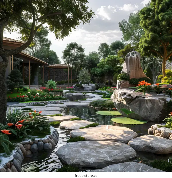 Landscaped Garden with Waterfall and Koi Pond
