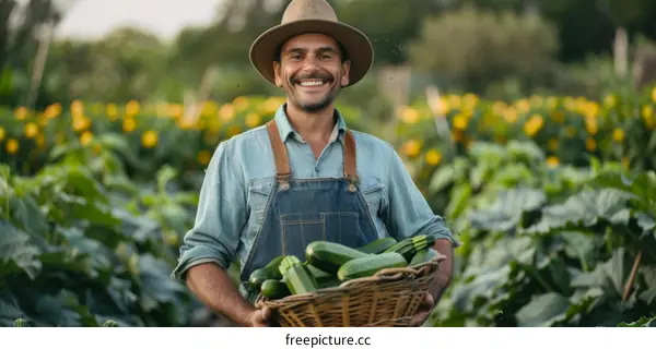 Smiling farmer holding a basket full of fresh zucchini in an organic farm field