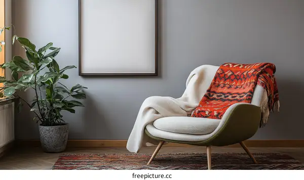Cozy Modern Interior with Blank Frame and Throw Blanket